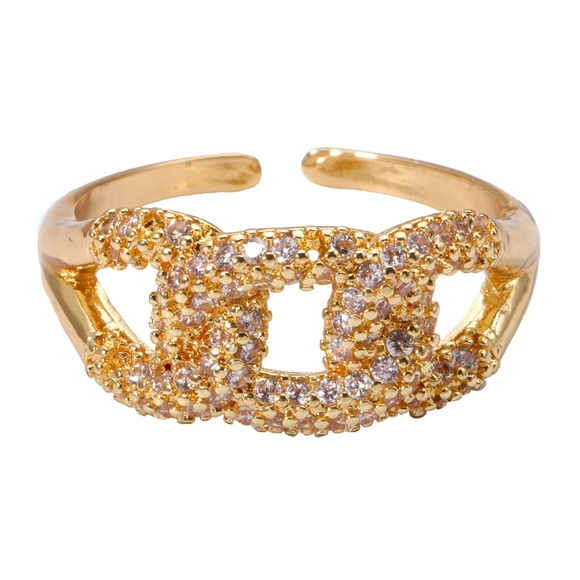 Retro Geometric Cuban Link CZ Open Ring - Picture 1 of 7